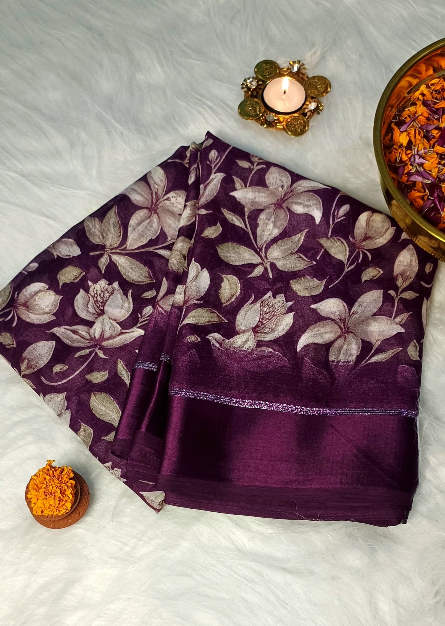 Plum Purple Floral Printed Soft Silk Saree with Satin Border
