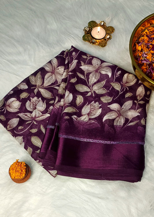 Plum Purple Floral Printed Soft Silk Saree with Satin Border