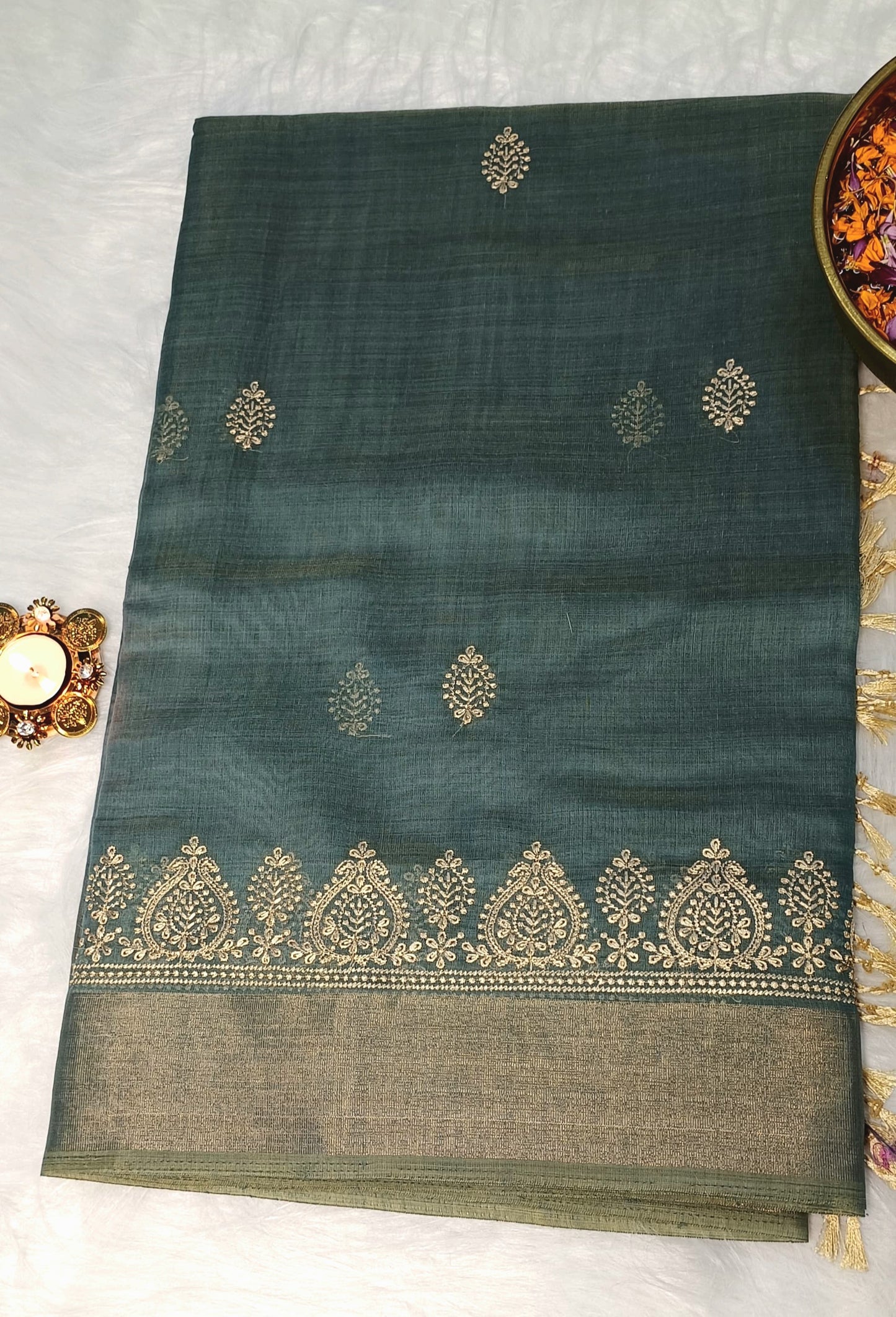 Teal Green Cotton Saree with Golden Embroidery & Zari Border