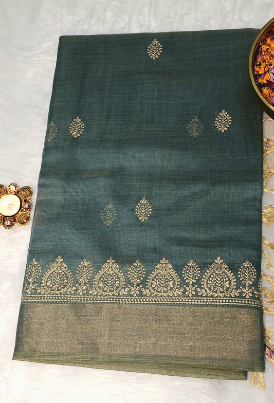 Teal Green Cotton Saree with Golden Embroidery & Zari Border