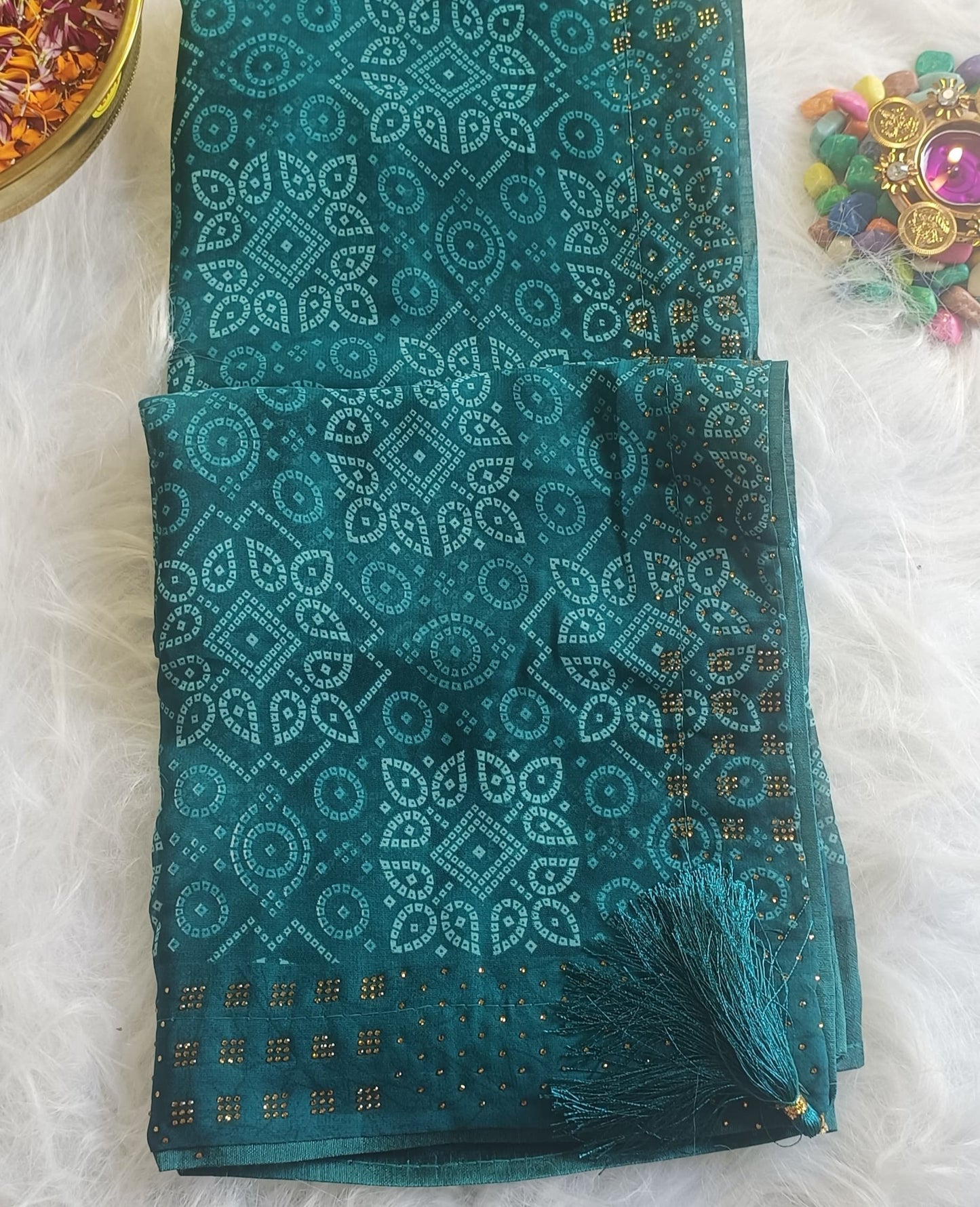 Emerald Teal Bandhani Silk Saree with Zari Detailing