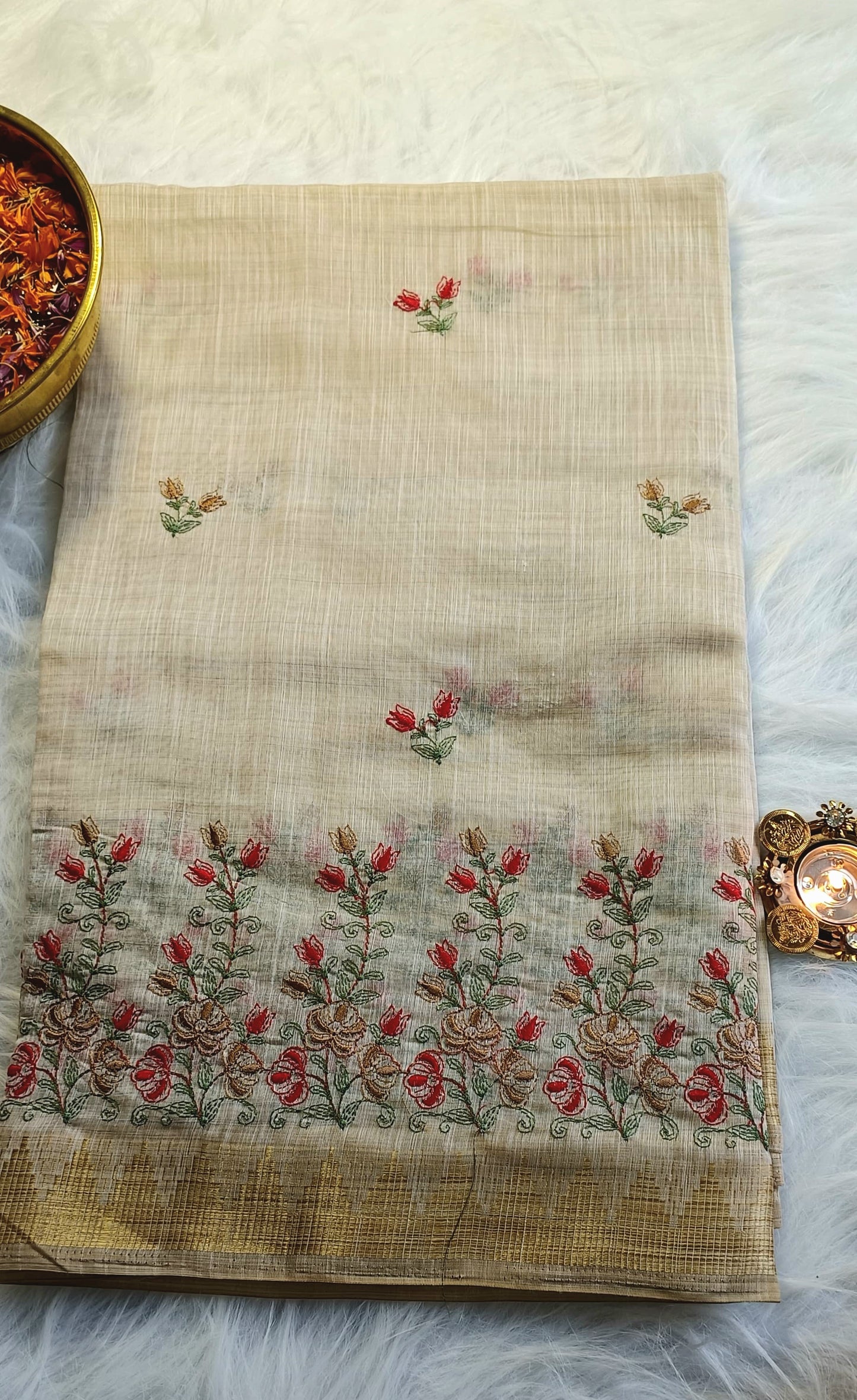 Beige Handloom Cotton Saree with Red & Gold Floral Embroidery