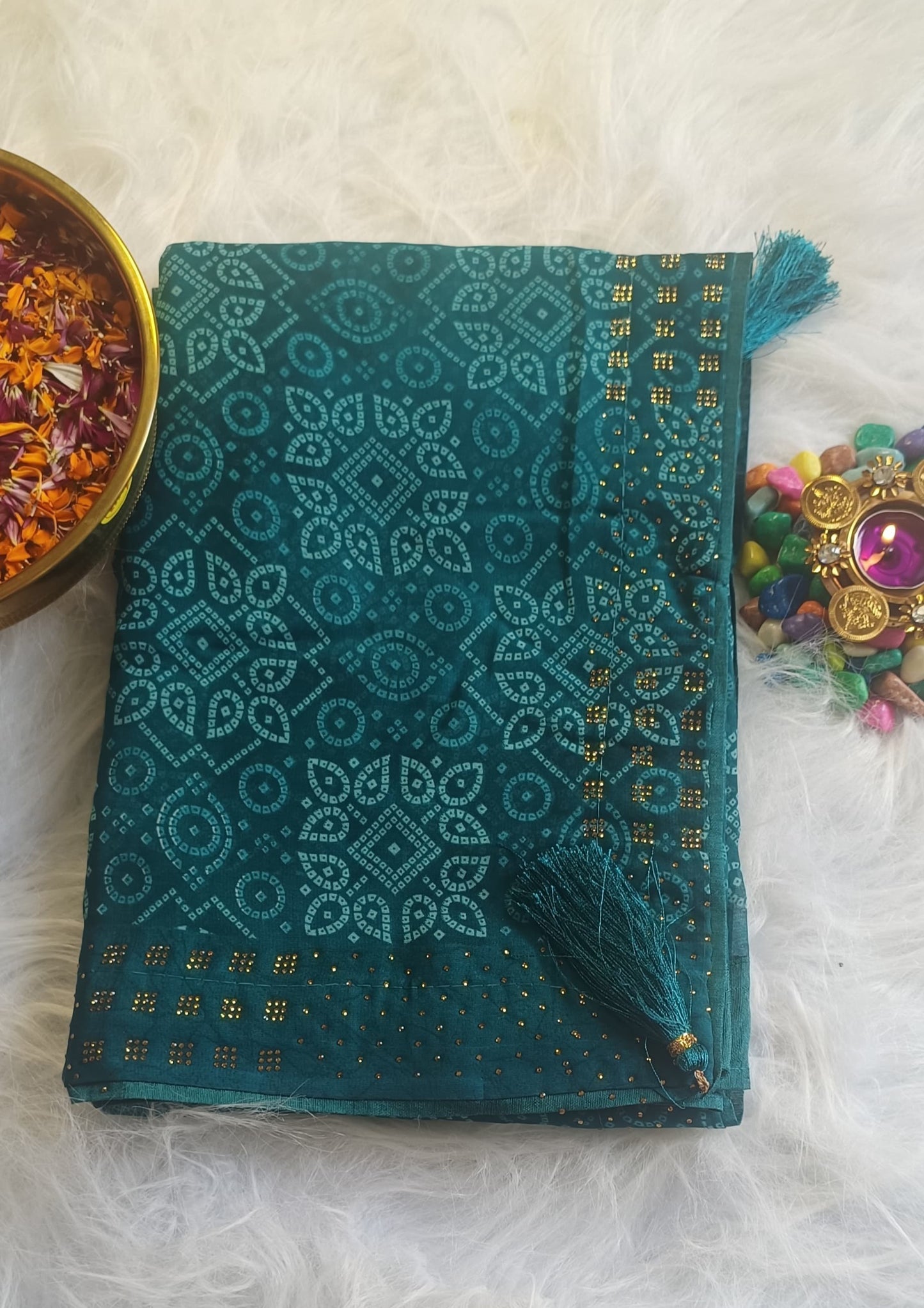 Emerald Teal Bandhani Silk Saree with Zari Detailing