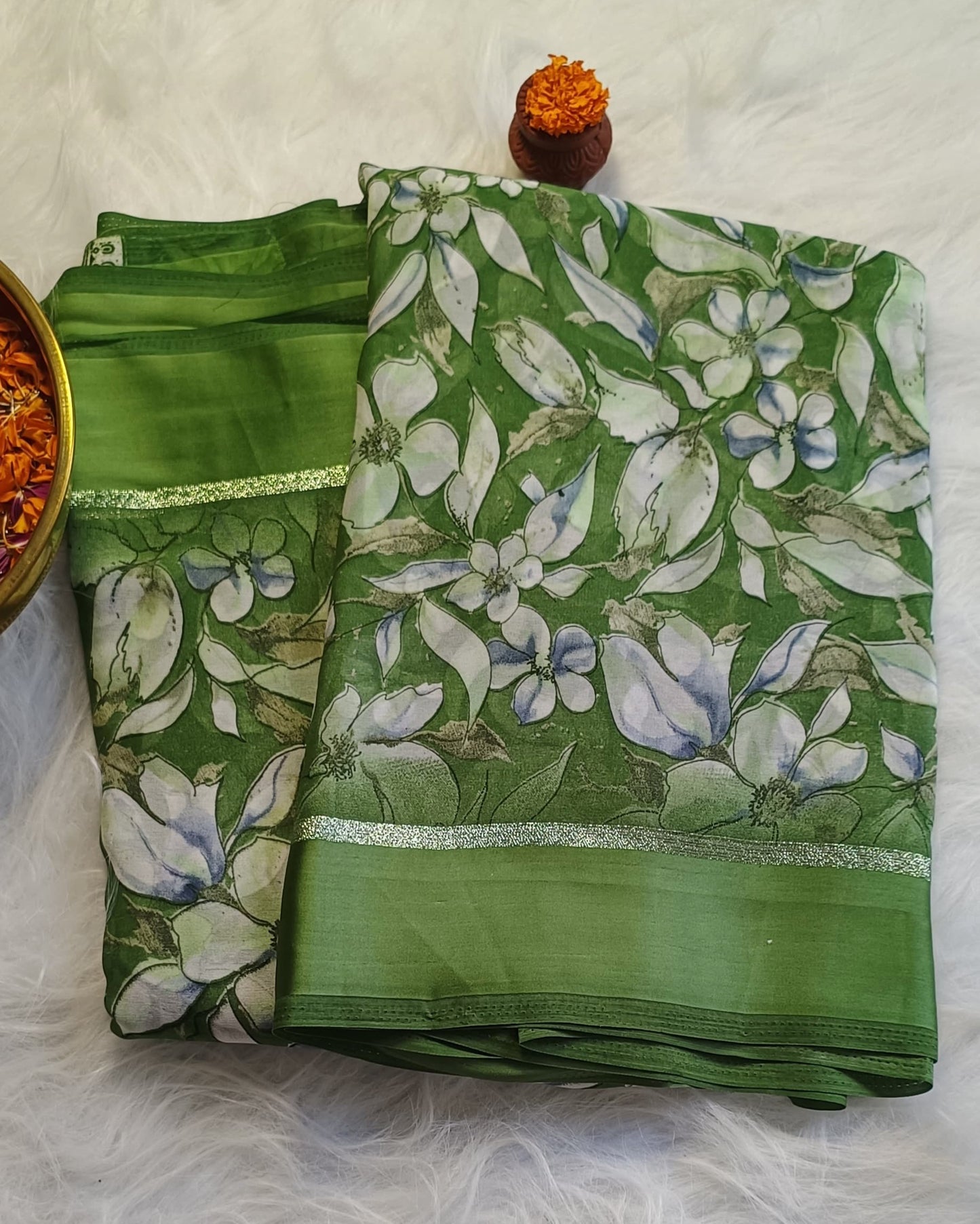 Emerald Bloom Soft Silk Printed Saree with Blouse