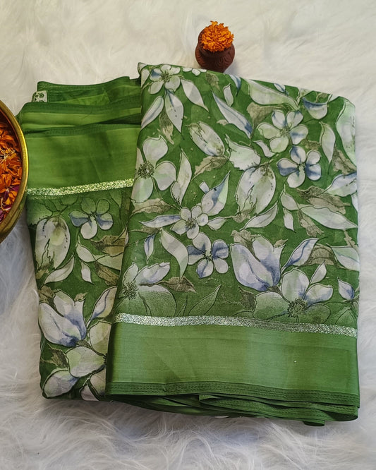 Emerald Bloom Soft Silk Printed Saree with Blouse