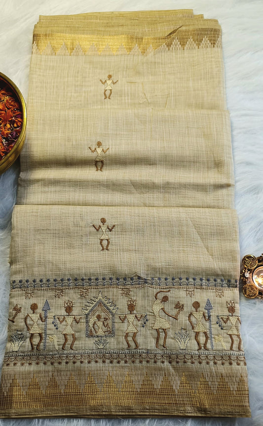 Beige Handloom Cotton Saree with Warli Art Embroidery & Golden Border
