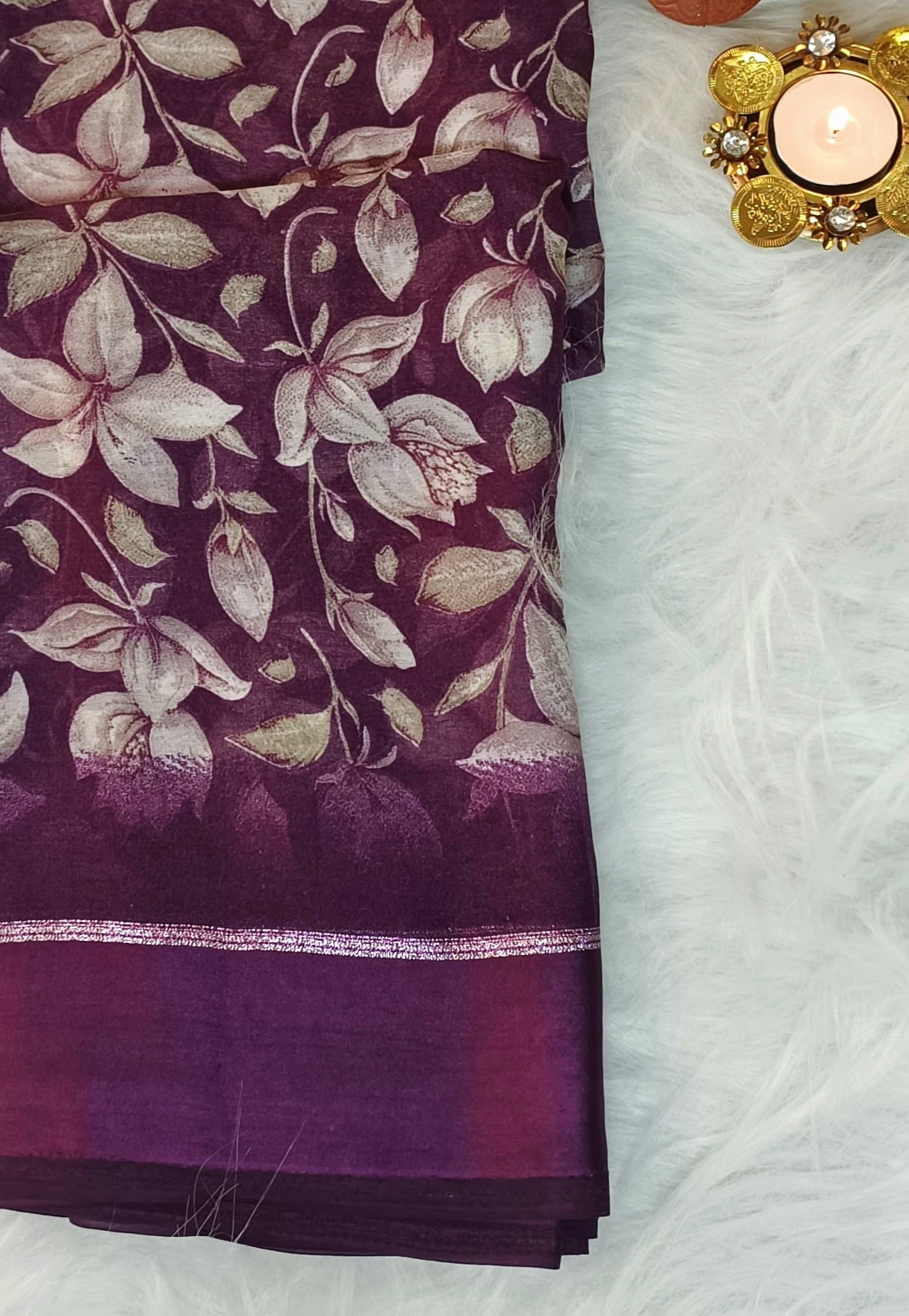 Plum Purple Floral Printed Soft Silk Saree with Satin Border