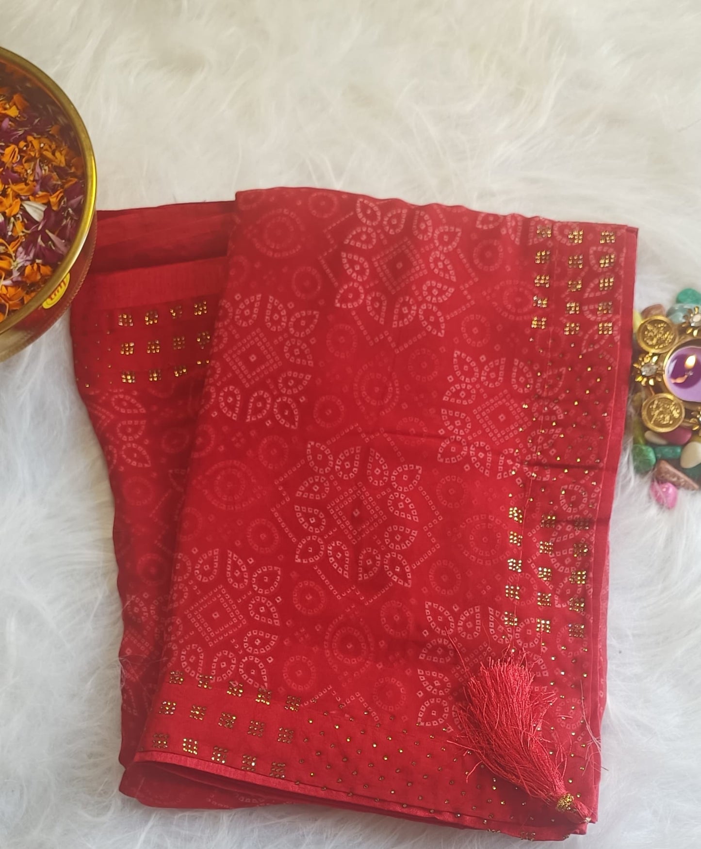 Regal Red Bandhani Silk Saree with Zari Detailing
