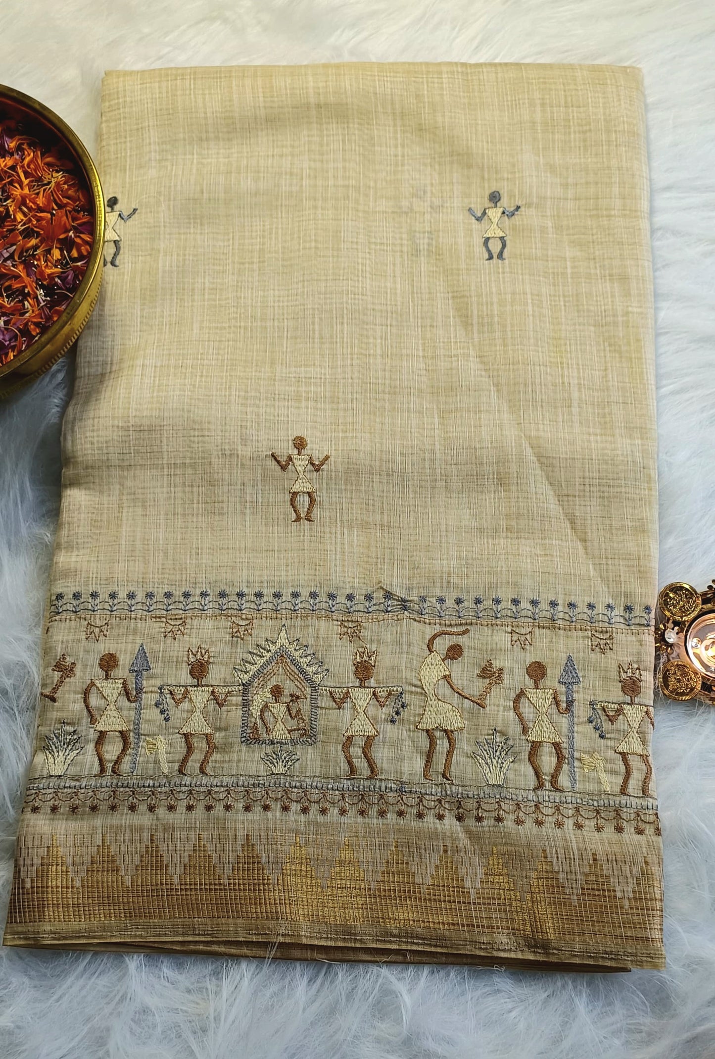 Beige Handloom Cotton Saree with Warli Art Embroidery & Golden Border