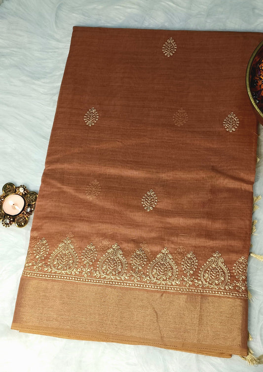 Copper Brown Embroidered Soft Cotton Saree with Zari Border