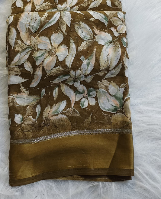 Golden Olive Floral Soft Silk Saree with Blouse