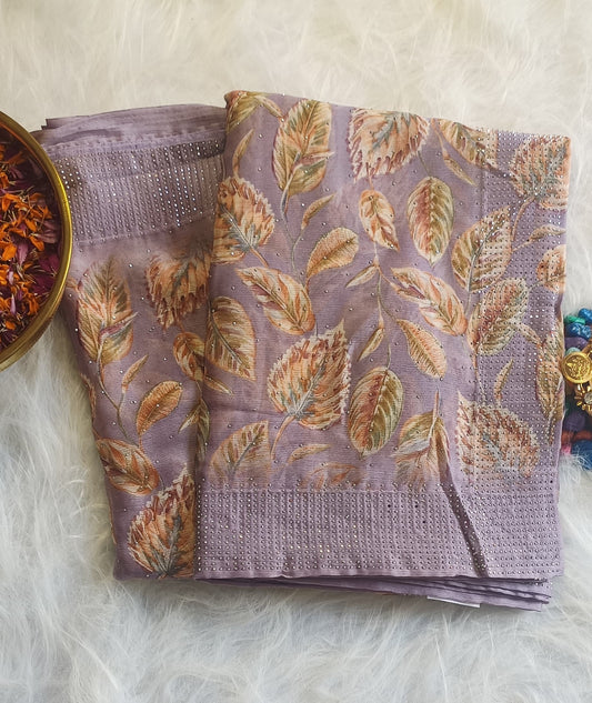 Mauve Satin Silk Saree with Autumn Leaf Motifs & Crystal Detailing