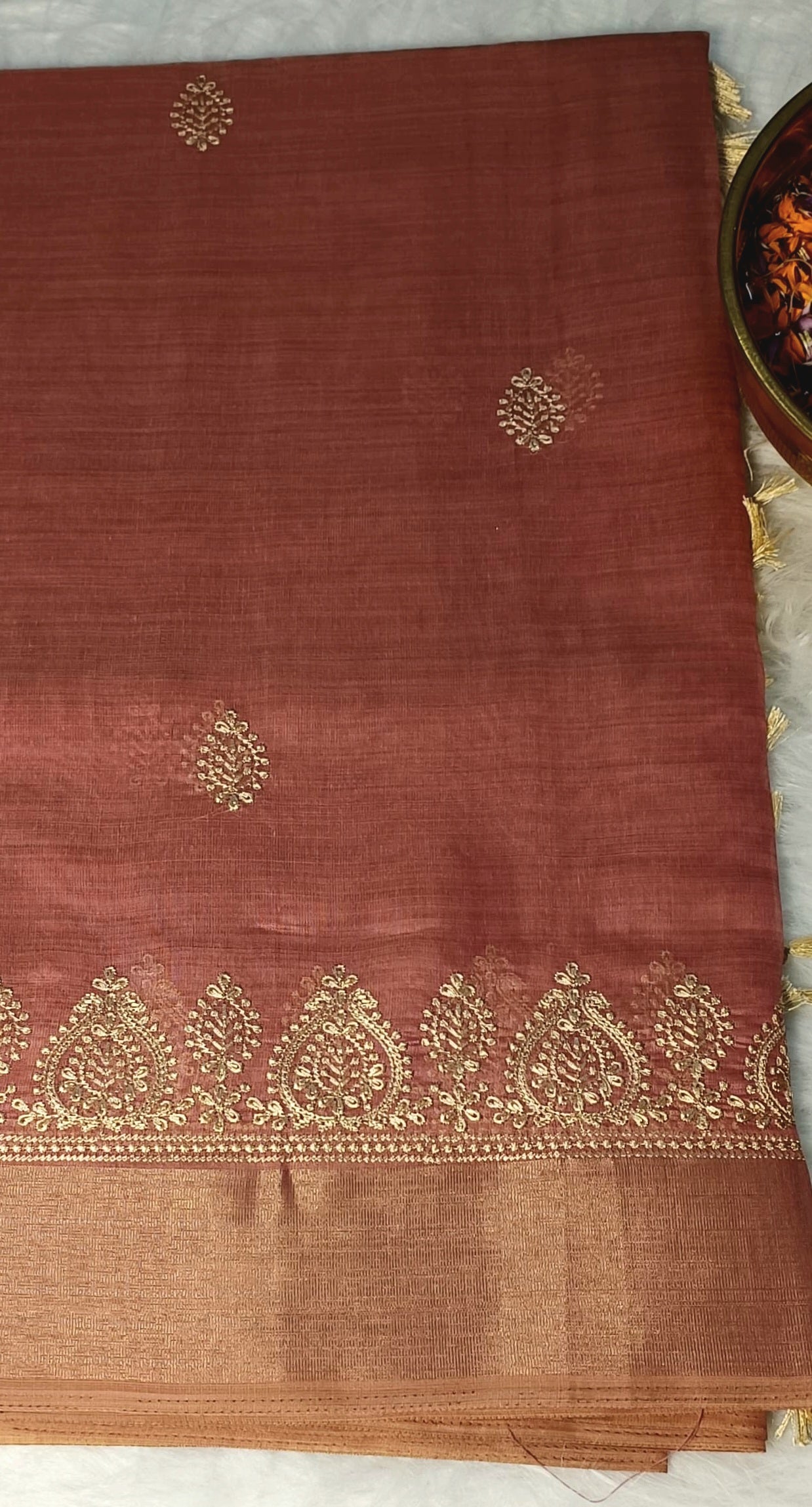 Rosewood Pink Cotton Saree with Zari & Embroidery