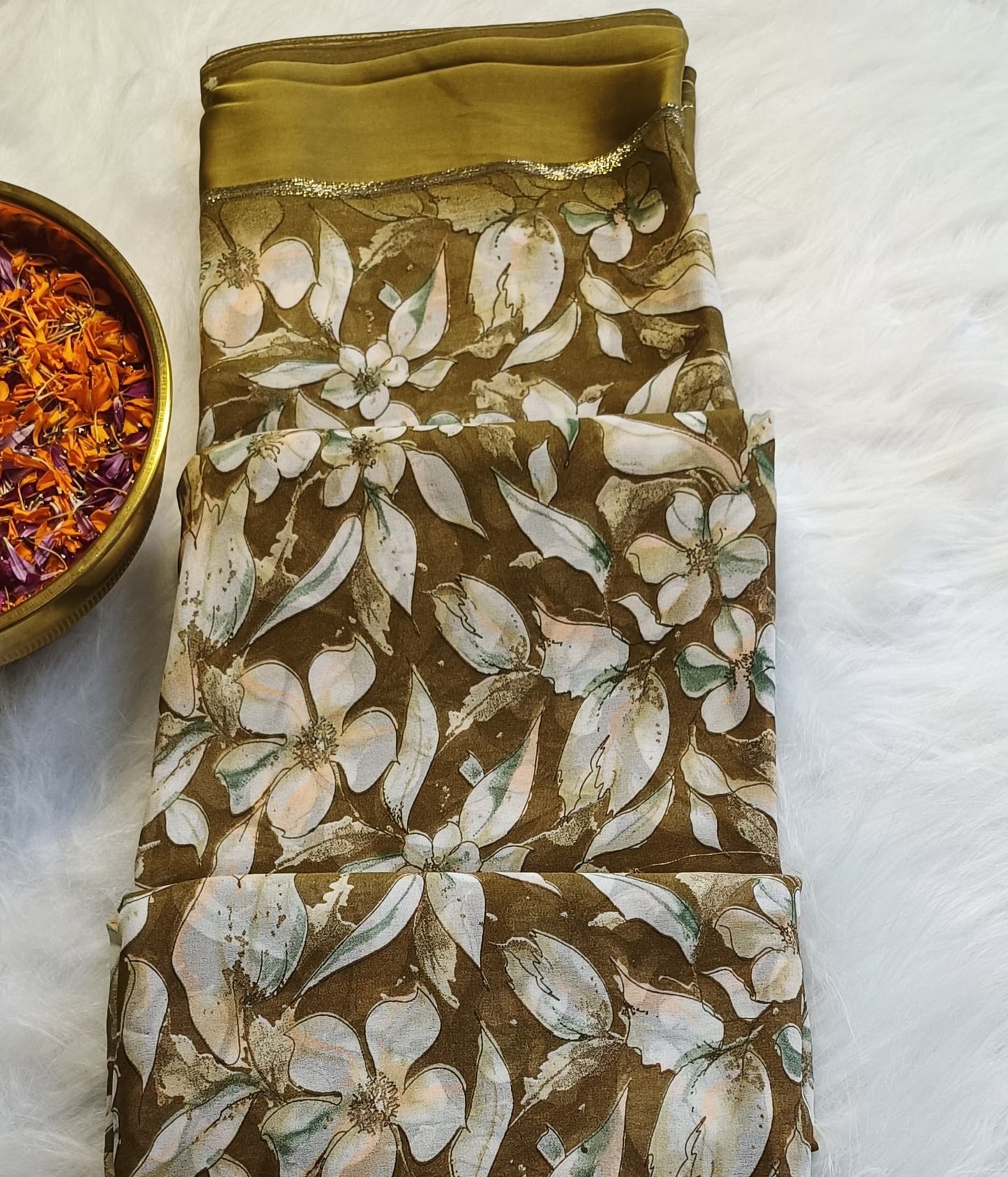 Golden Olive Floral Soft Silk Saree with Blouse