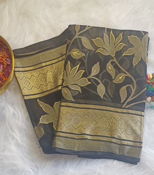 Black Organza Saree with Antique Gold Floral Weave