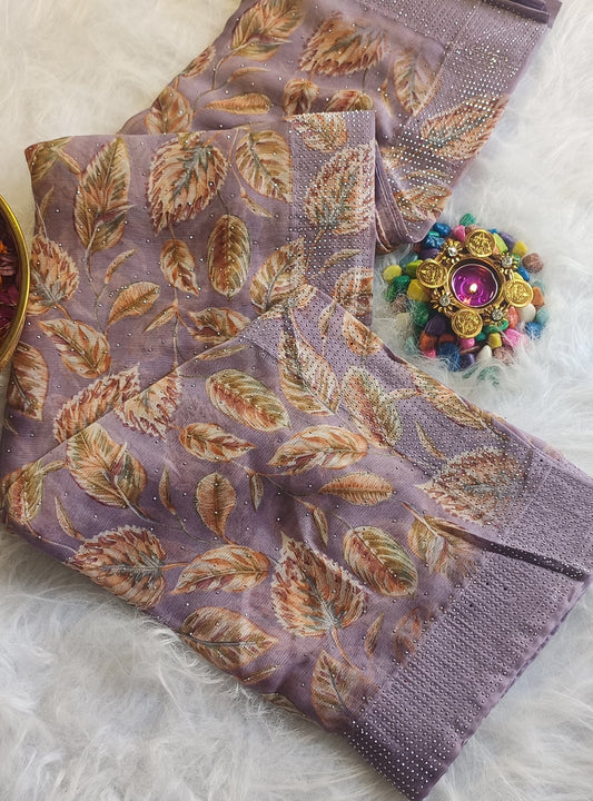 Mauve Satin Silk Saree with Autumn Leaf Motifs & Crystal Detailing