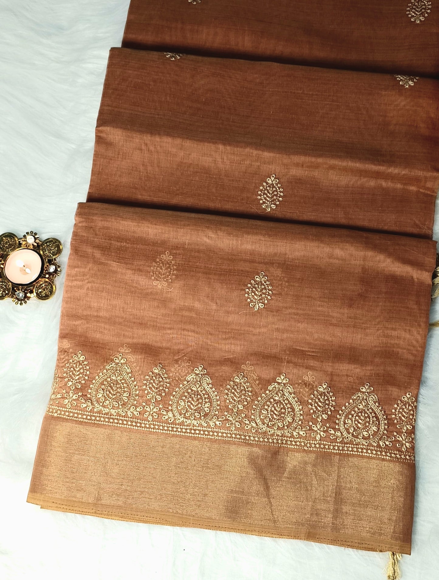 Copper Brown Embroidered Soft Cotton Saree with Zari Border