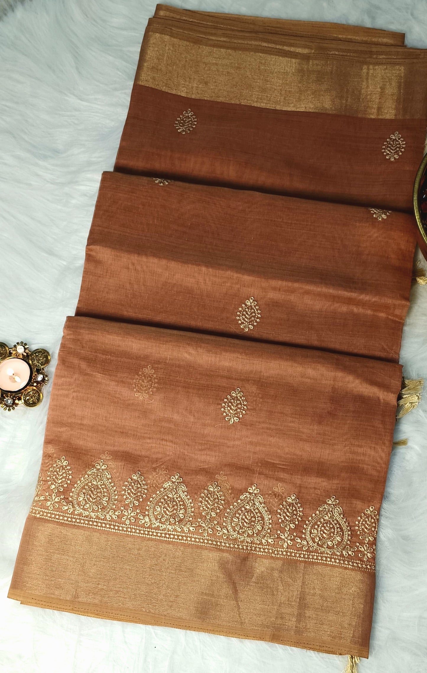 Copper Brown Embroidered Soft Cotton Saree with Zari Border