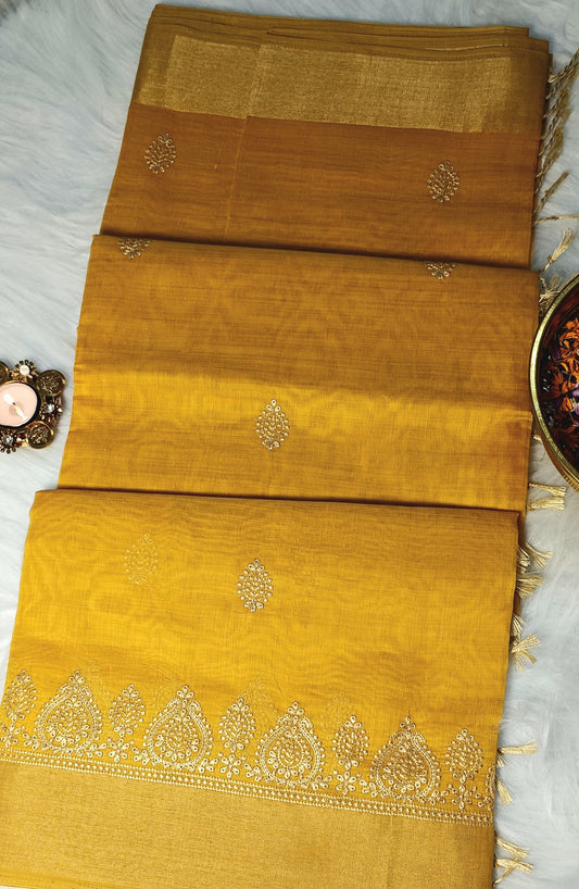Golden Mustard Embroidered Soft Cotton Saree with Zari Border