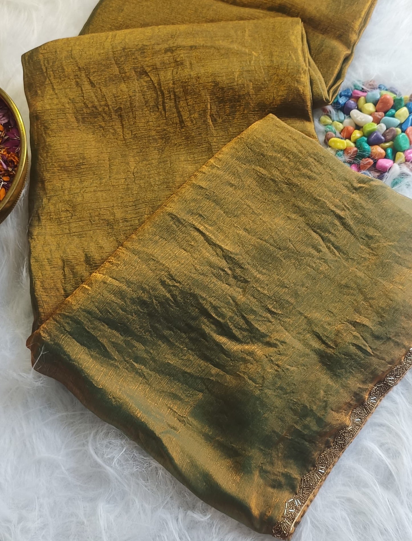 Antique Gold & Olive Dual-Tone Silk Saree