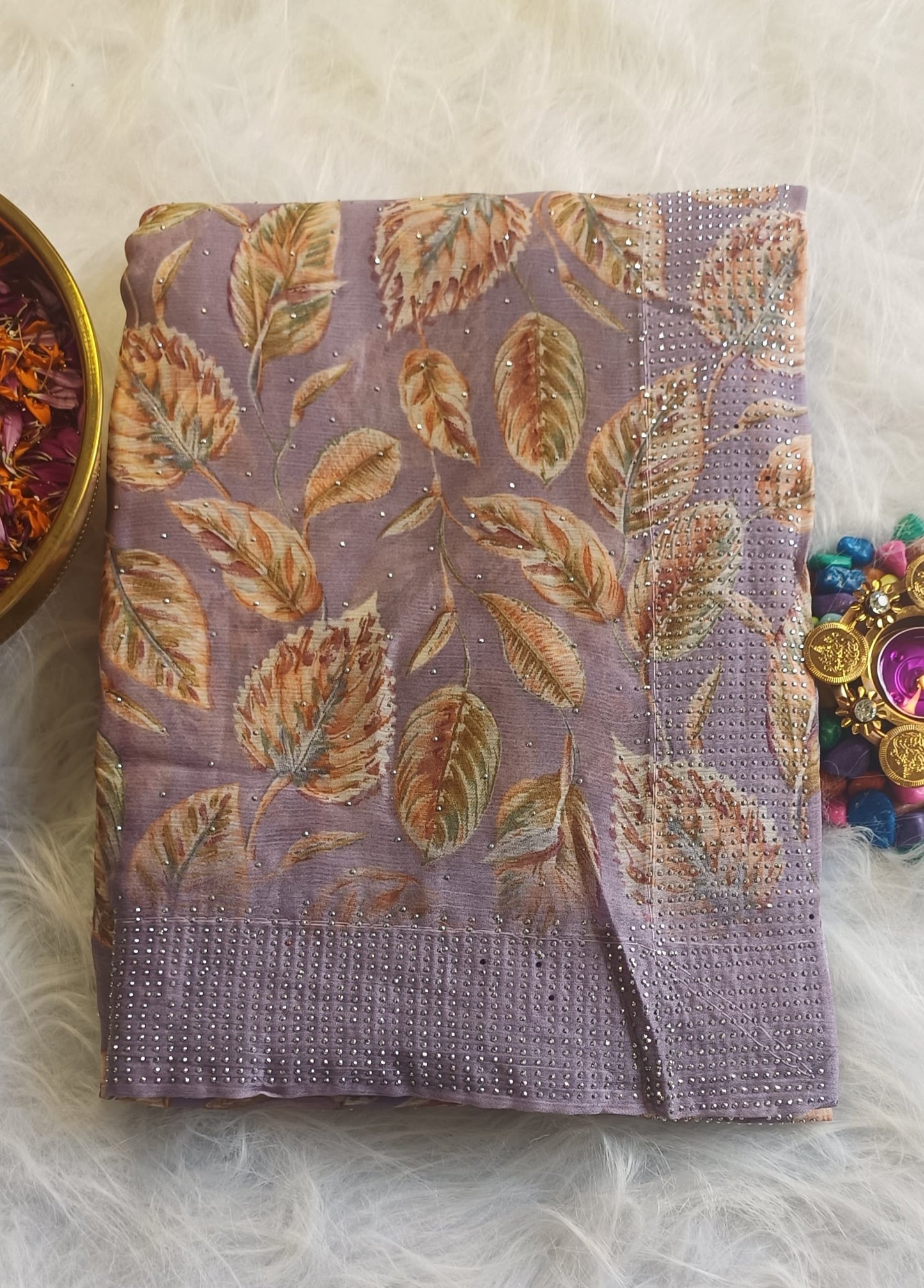 Mauve Satin Silk Saree with Autumn Leaf Motifs & Crystal Detailing
