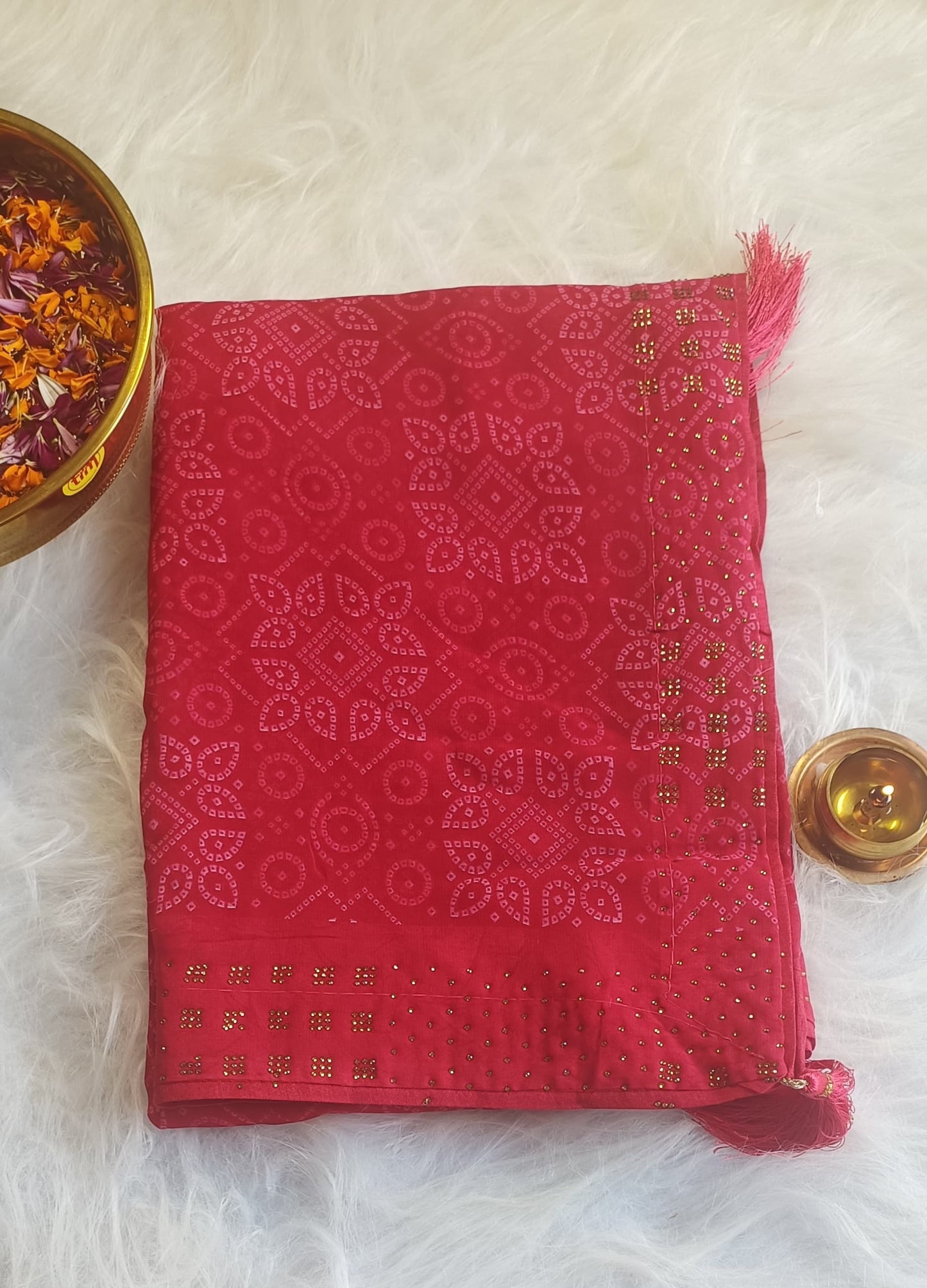 Crimson Charm Bandhani Saree with Stone Work