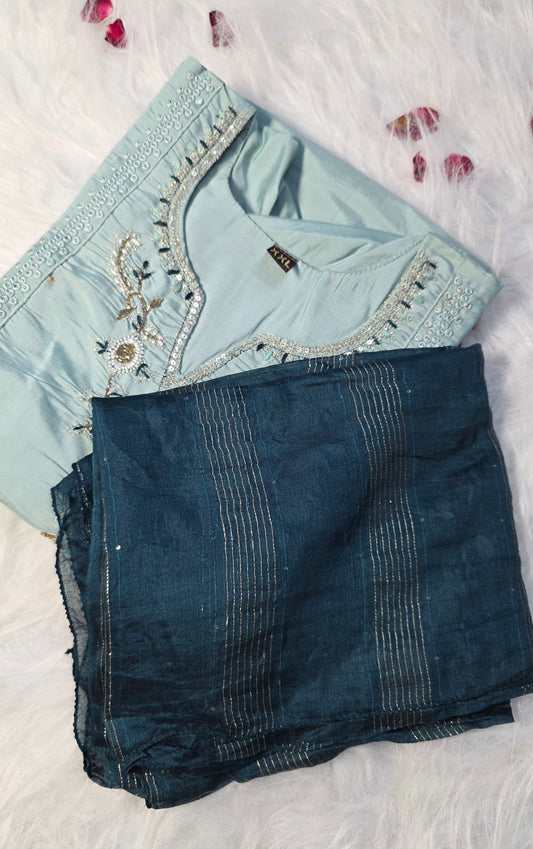 Elegant Sky Blue Embroidered Suit Set