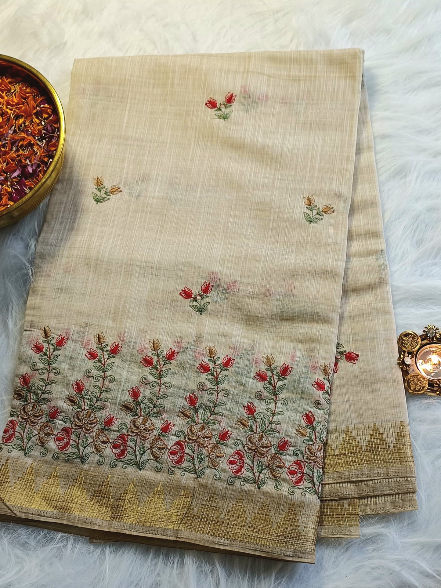 Beige Handloom Cotton Saree with Red & Gold Floral Embroidery