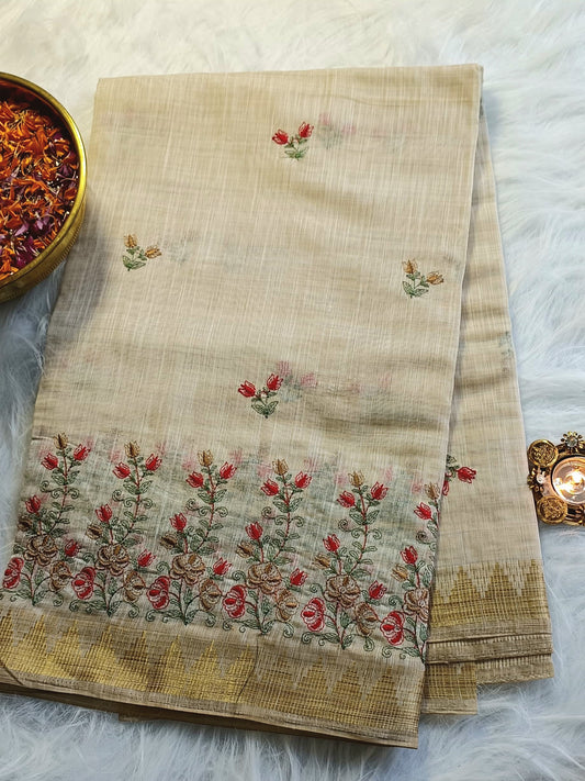 Beige Handloom Cotton Saree with Red & Gold Floral Embroidery