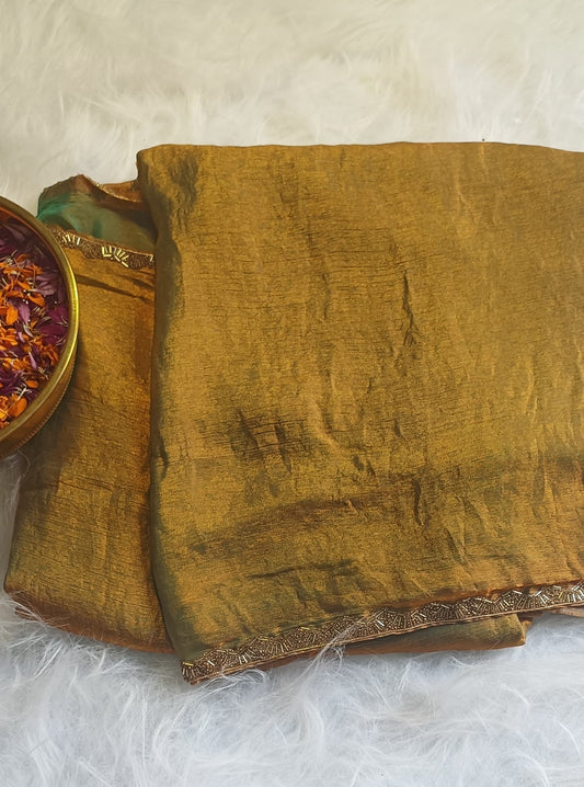 Antique Gold & Olive Dual-Tone Silk Saree