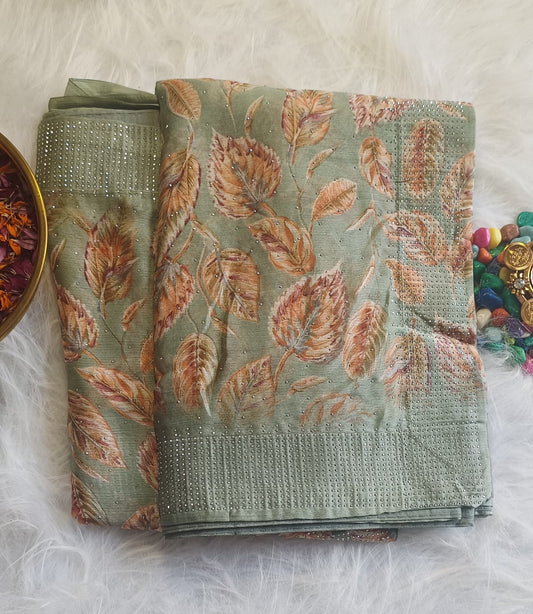 Sage Green Silk Saree with Autumn Leaf Weave & Crystal Accents
