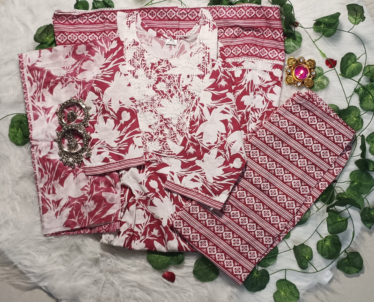 Elegant Peach & White Cotton Suit Set
