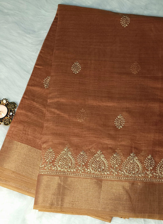 Copper Brown Embroidered Soft Cotton Saree with Zari Border