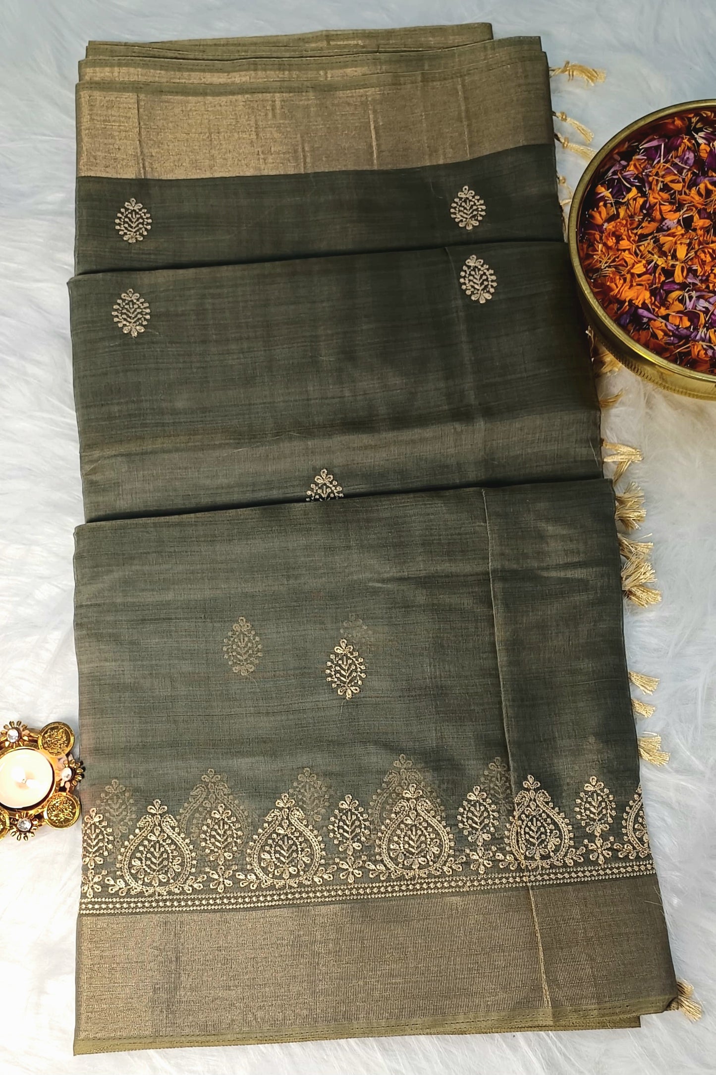 Soft Cotton Saree with Golden Embroidery & Zari Border
