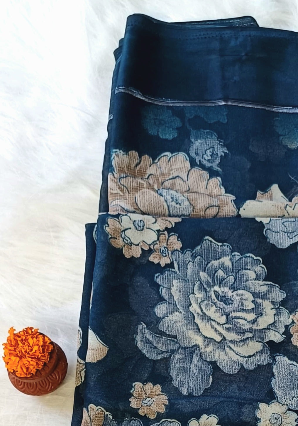 Midnight Blue Floral Printed Soft Silk Saree With Satin Border