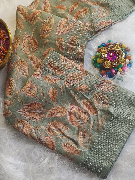 Sage Green Silk Saree with Autumn Leaf Weave & Crystal Accents