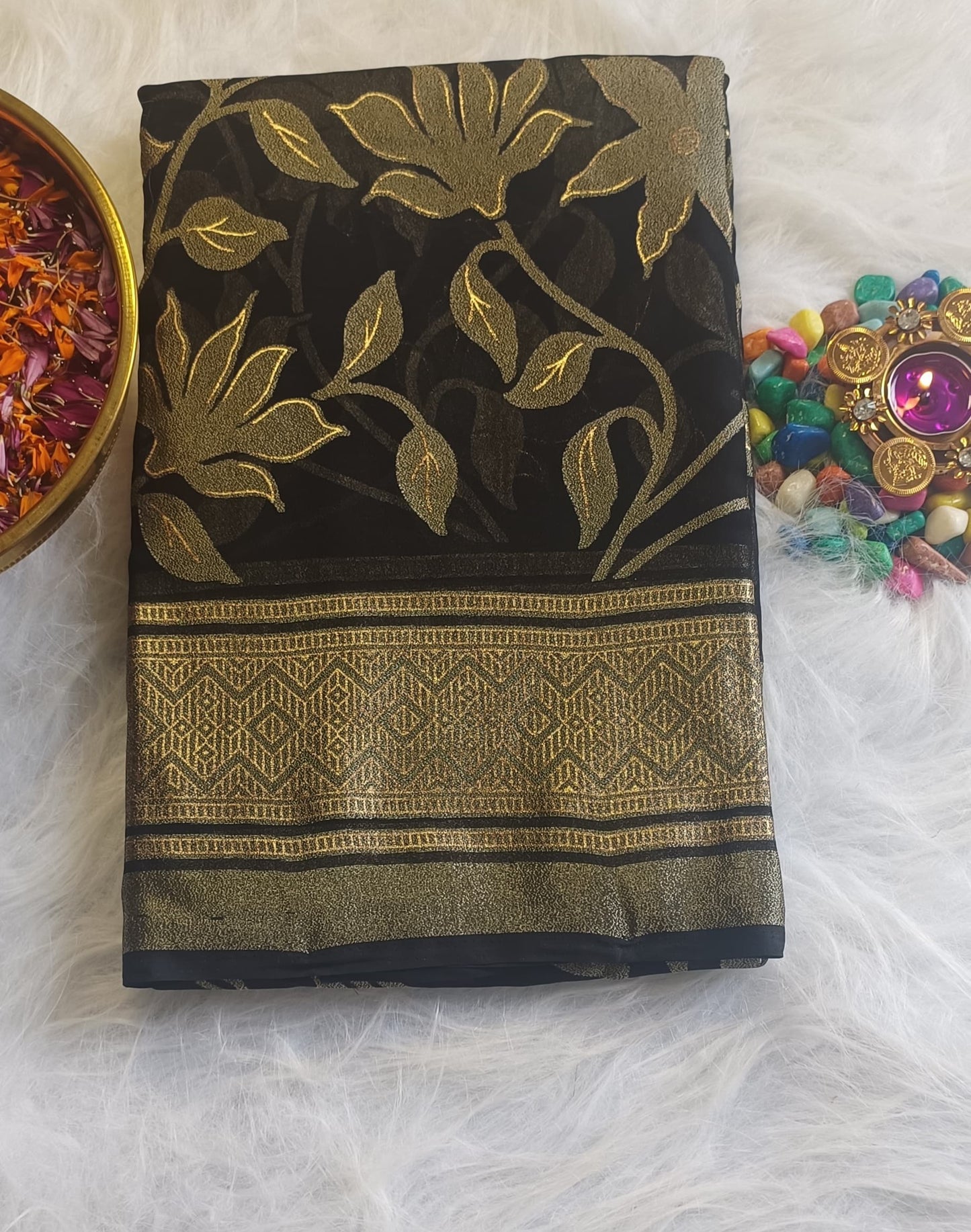 Black Organza Saree with Antique Gold Floral Weave