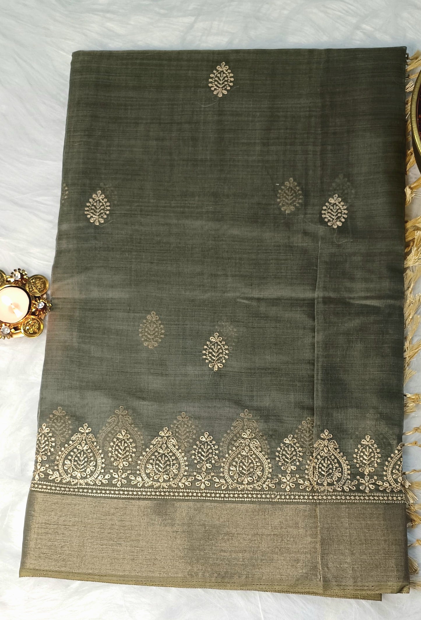 Soft Cotton Saree with Golden Embroidery & Zari Border
