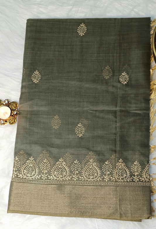 Soft Cotton Saree with Golden Embroidery & Zari Border