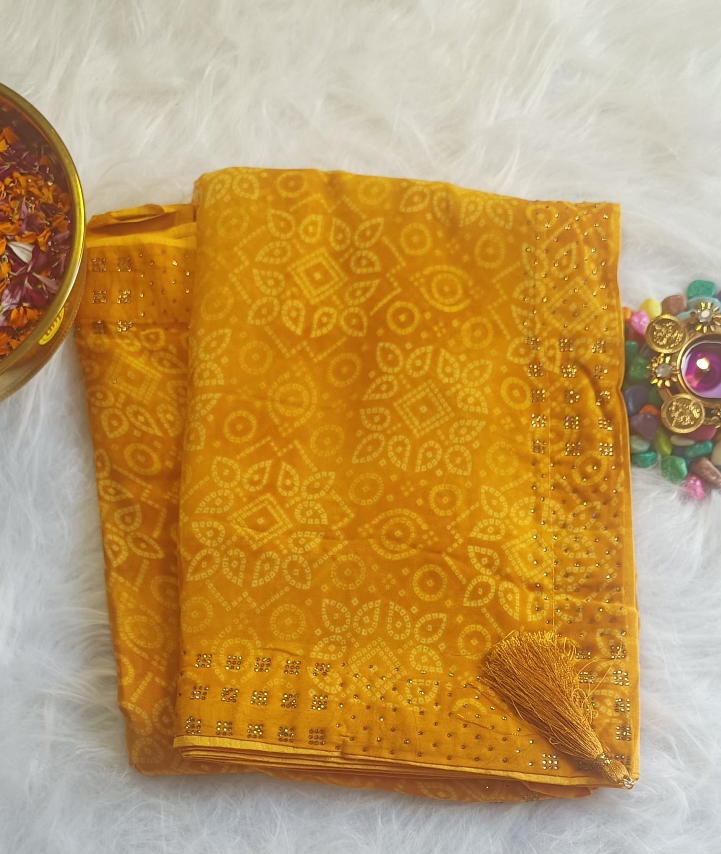Golden Mustard Bandhani Silk Saree with Zari Detailing