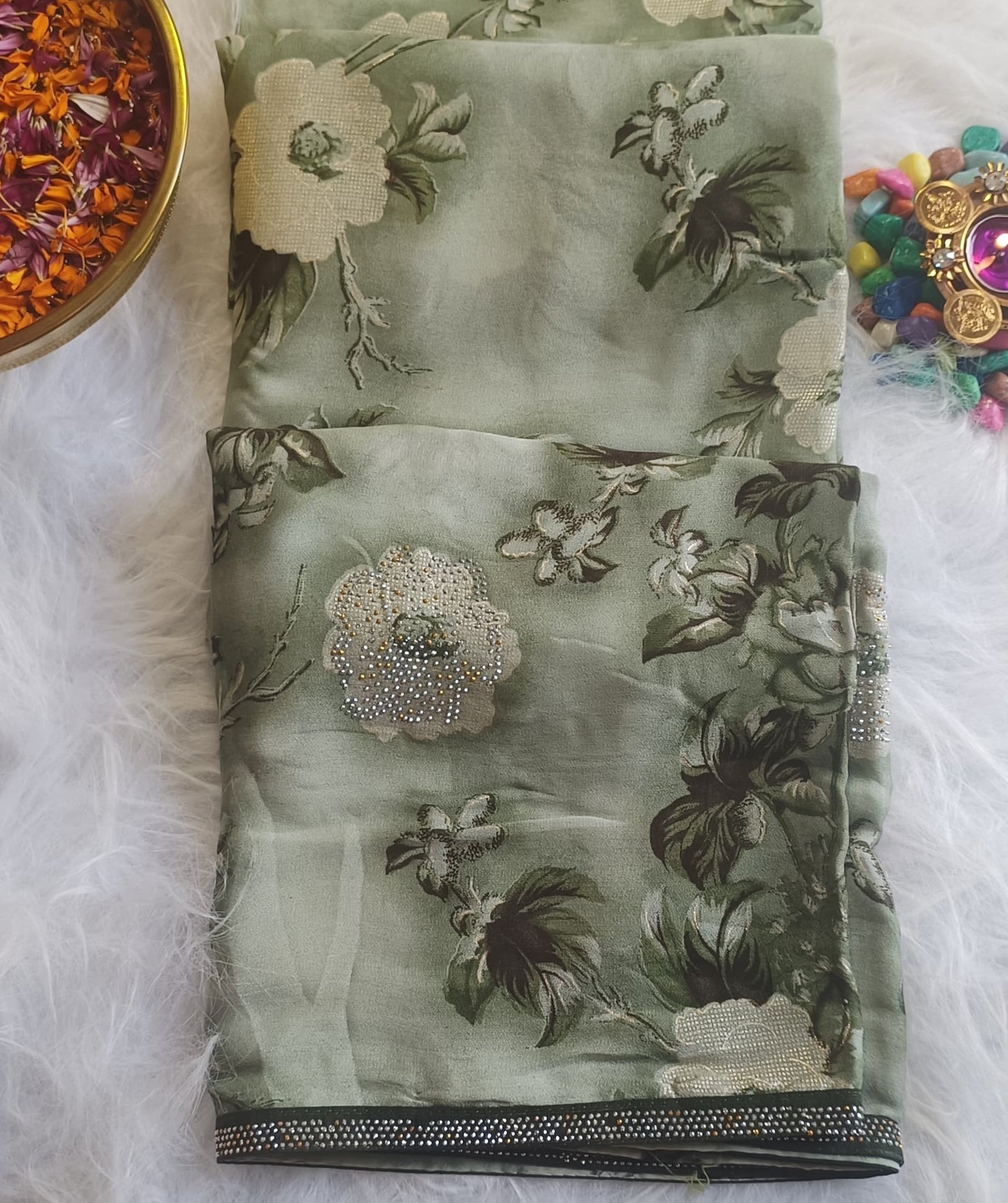 Sage Green Floral Printed Silk Saree with Crystal Border