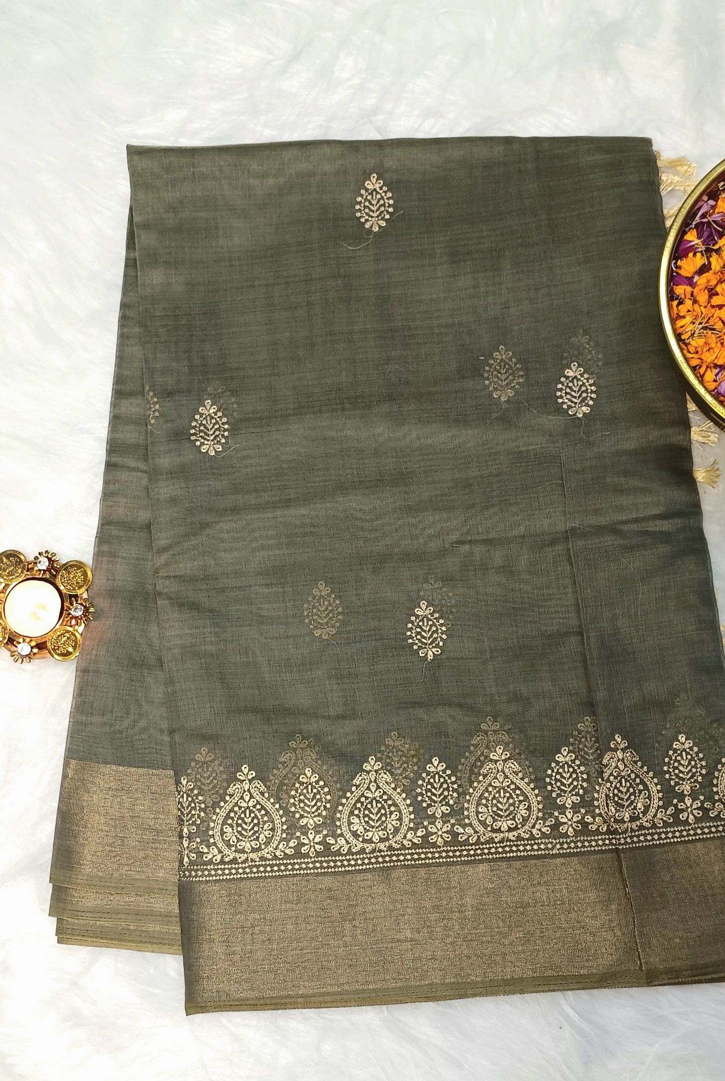 Soft Cotton Saree with Golden Embroidery & Zari Border