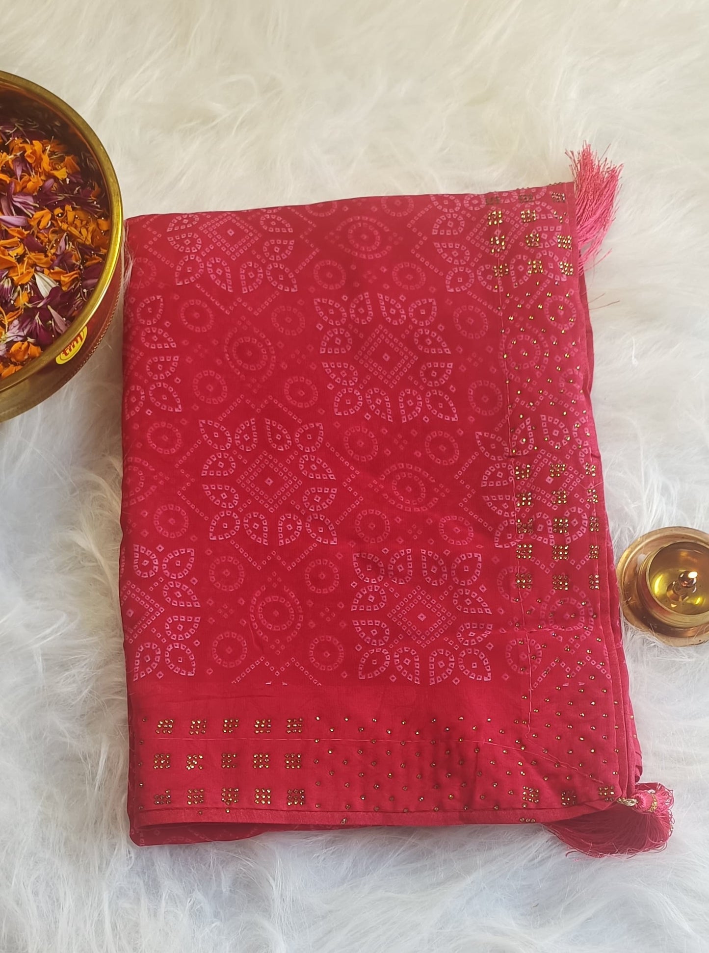 Crimson Charm Bandhani Saree with Stone Work