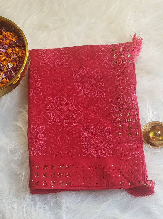 Crimson Charm Bandhani Saree with Stone Work