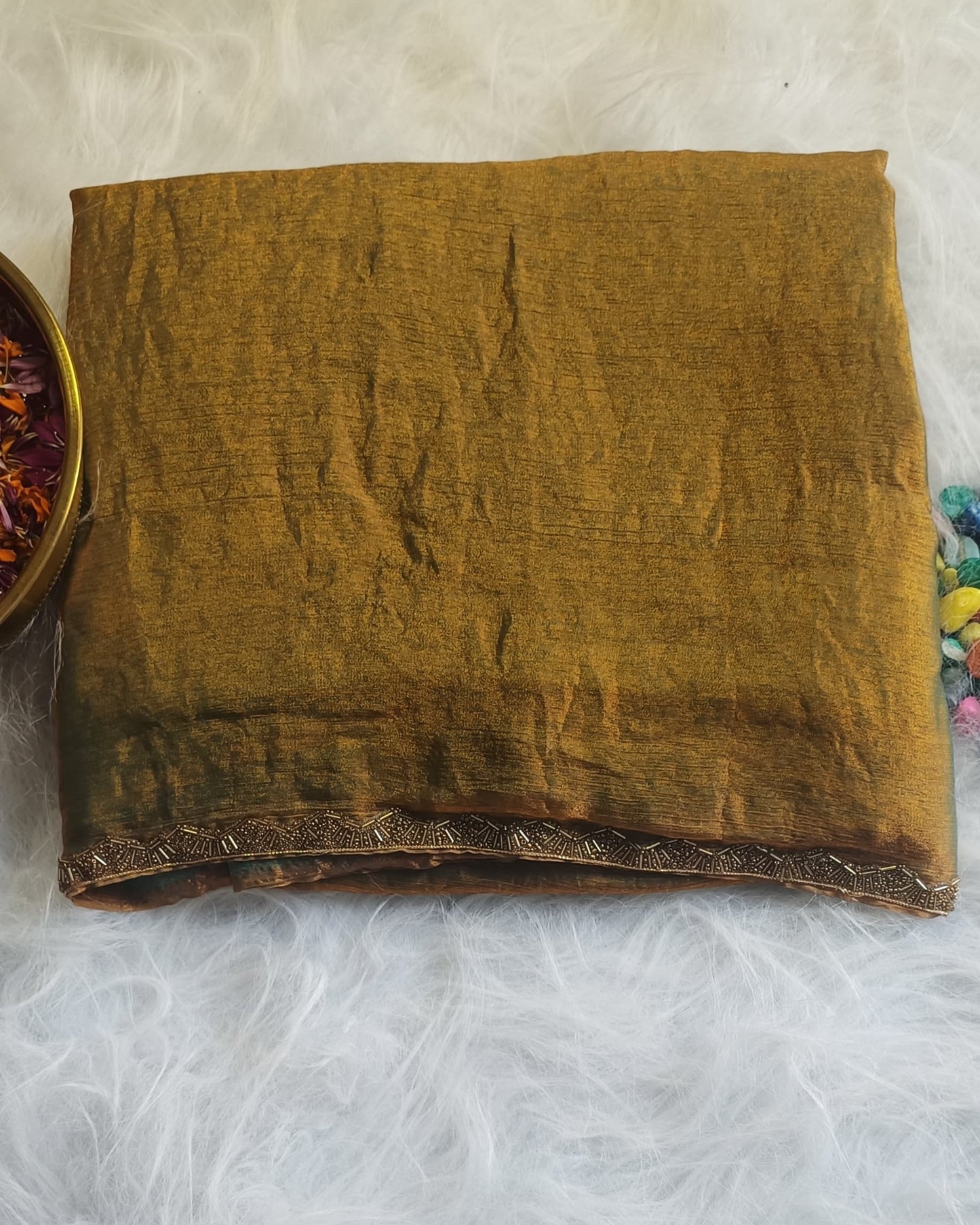 Antique Gold & Olive Dual-Tone Silk Saree