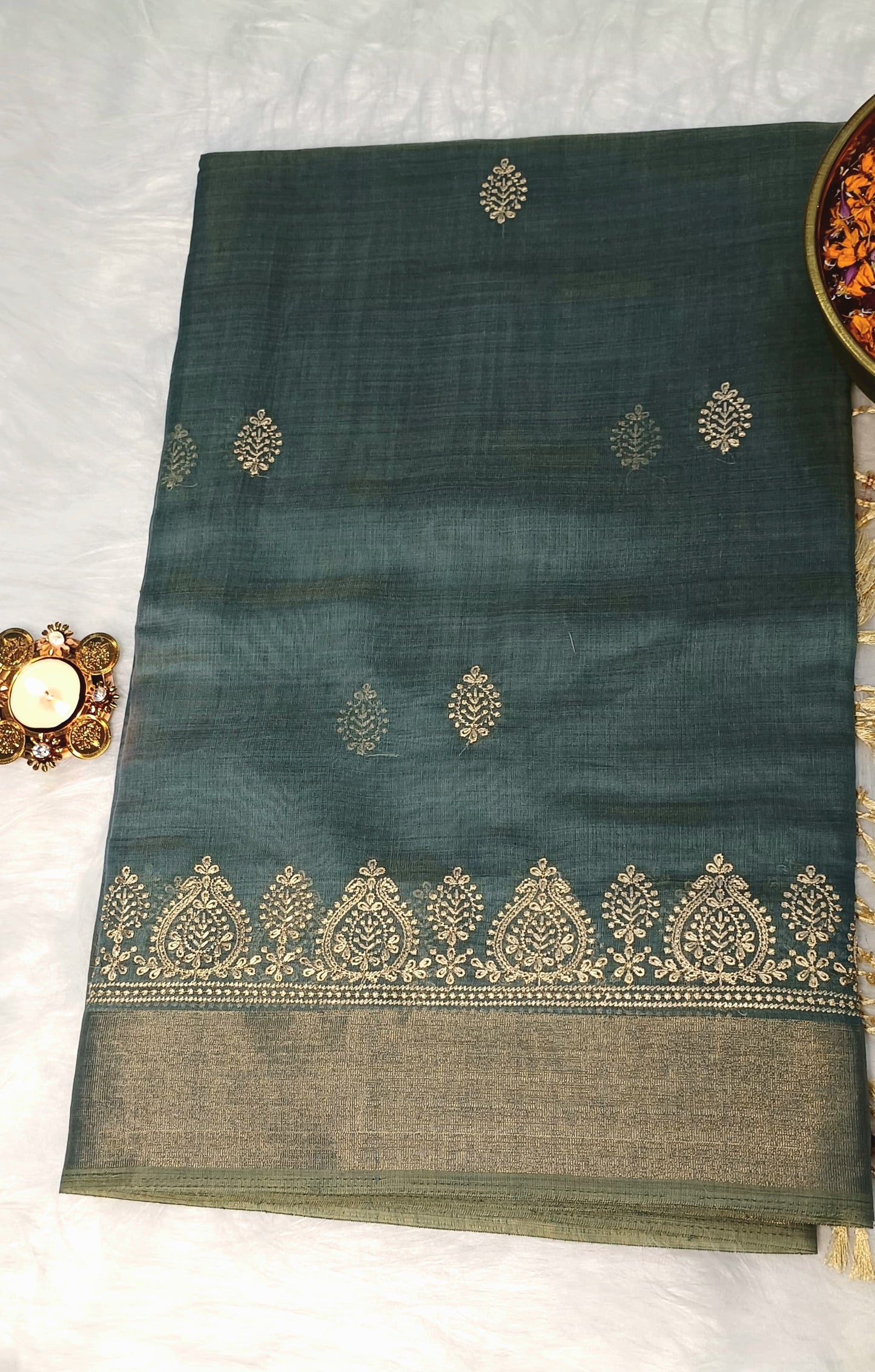 Teal Green Cotton Saree with Golden Embroidery & Zari Border