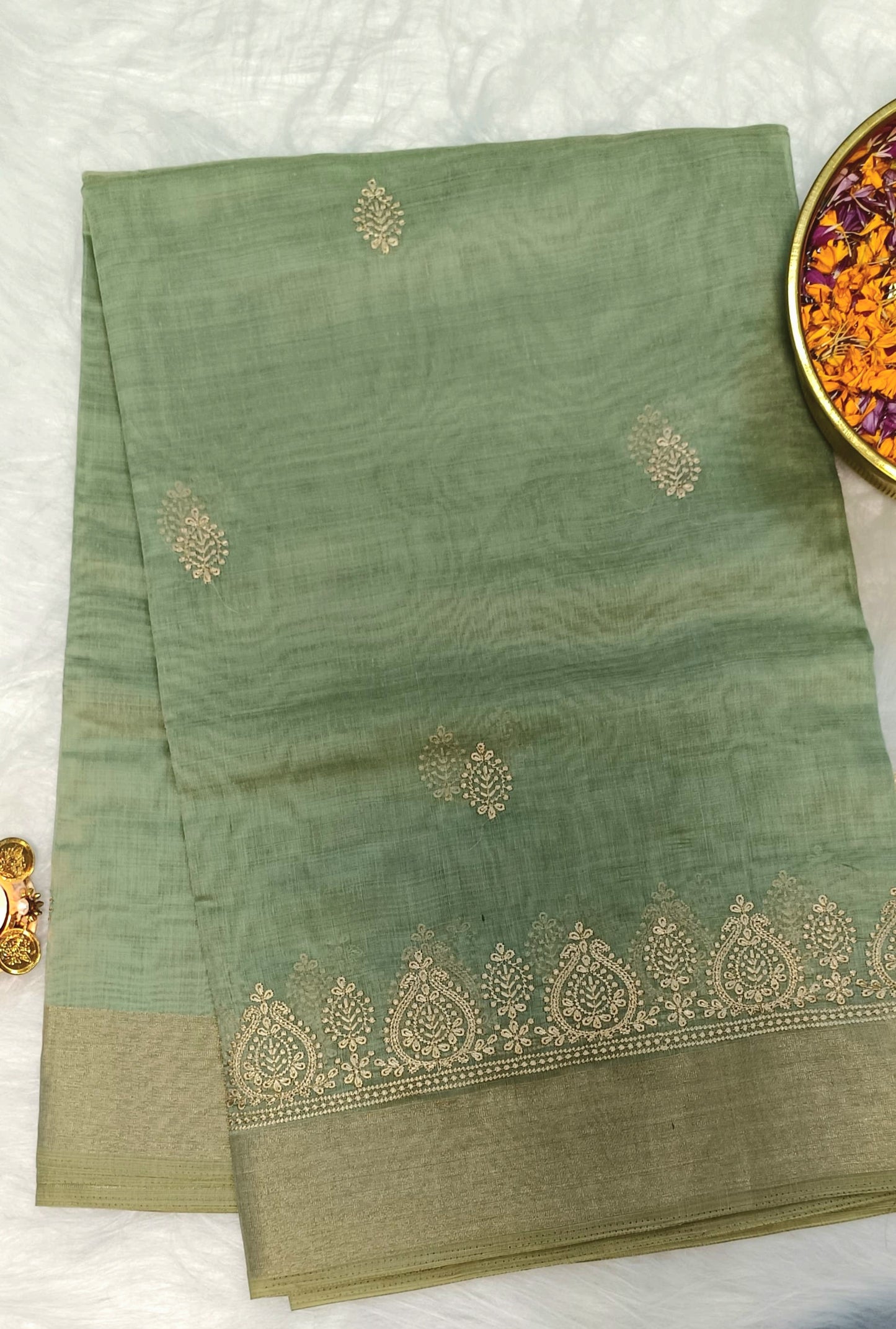 Pista Green Soft Cotton Saree with Golden Embroidery & Zari Border