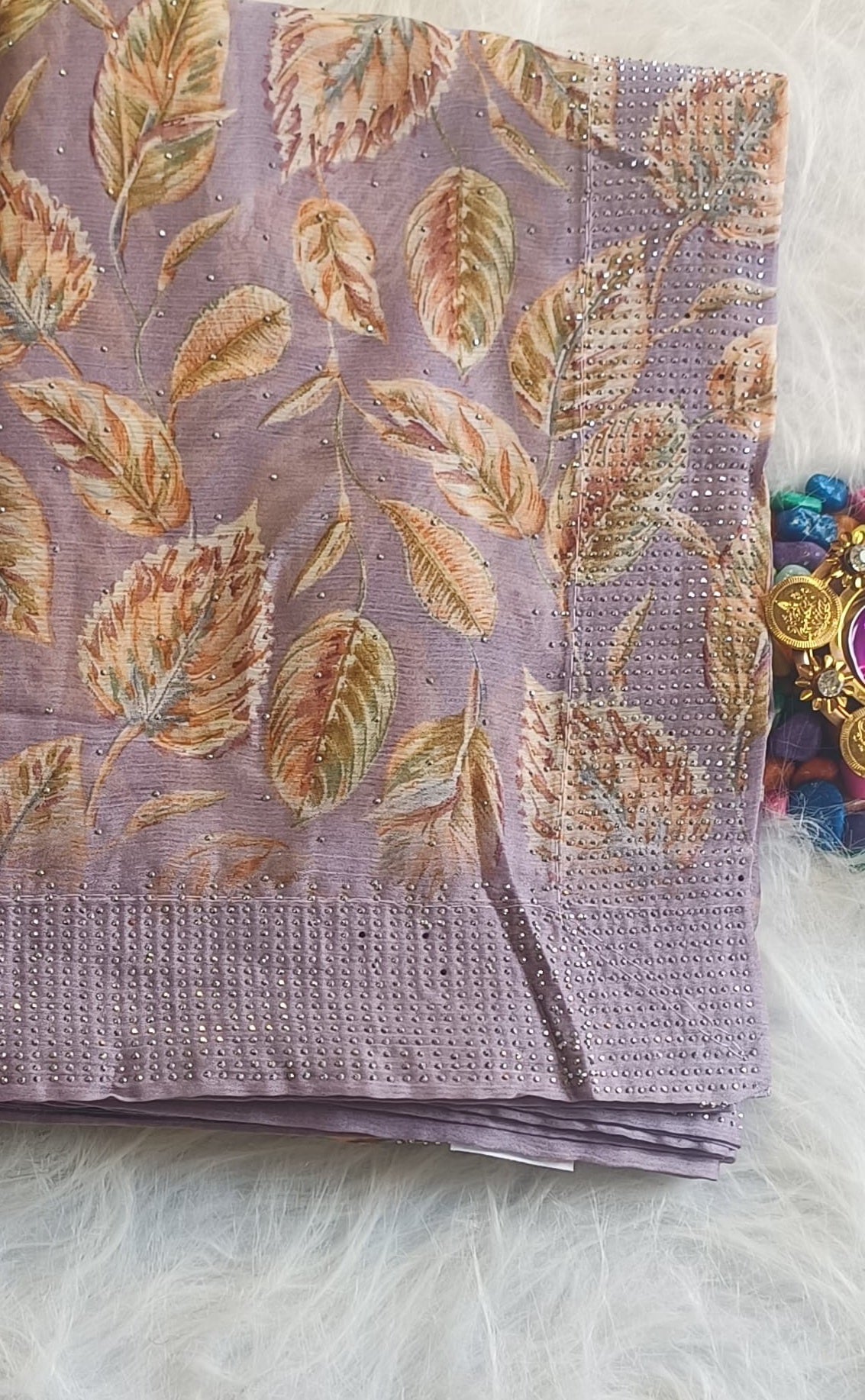 Mauve Satin Silk Saree with Autumn Leaf Motifs & Crystal Detailing