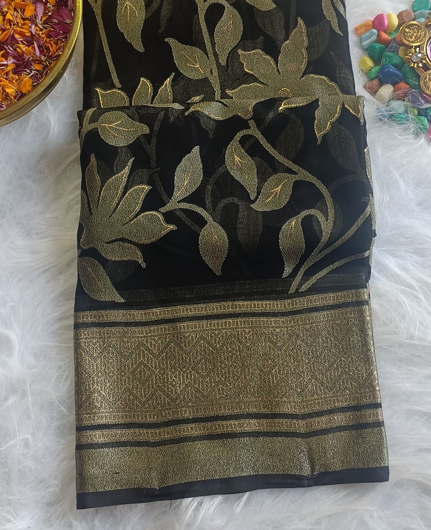 Black Organza Saree with Antique Gold Floral Weave
