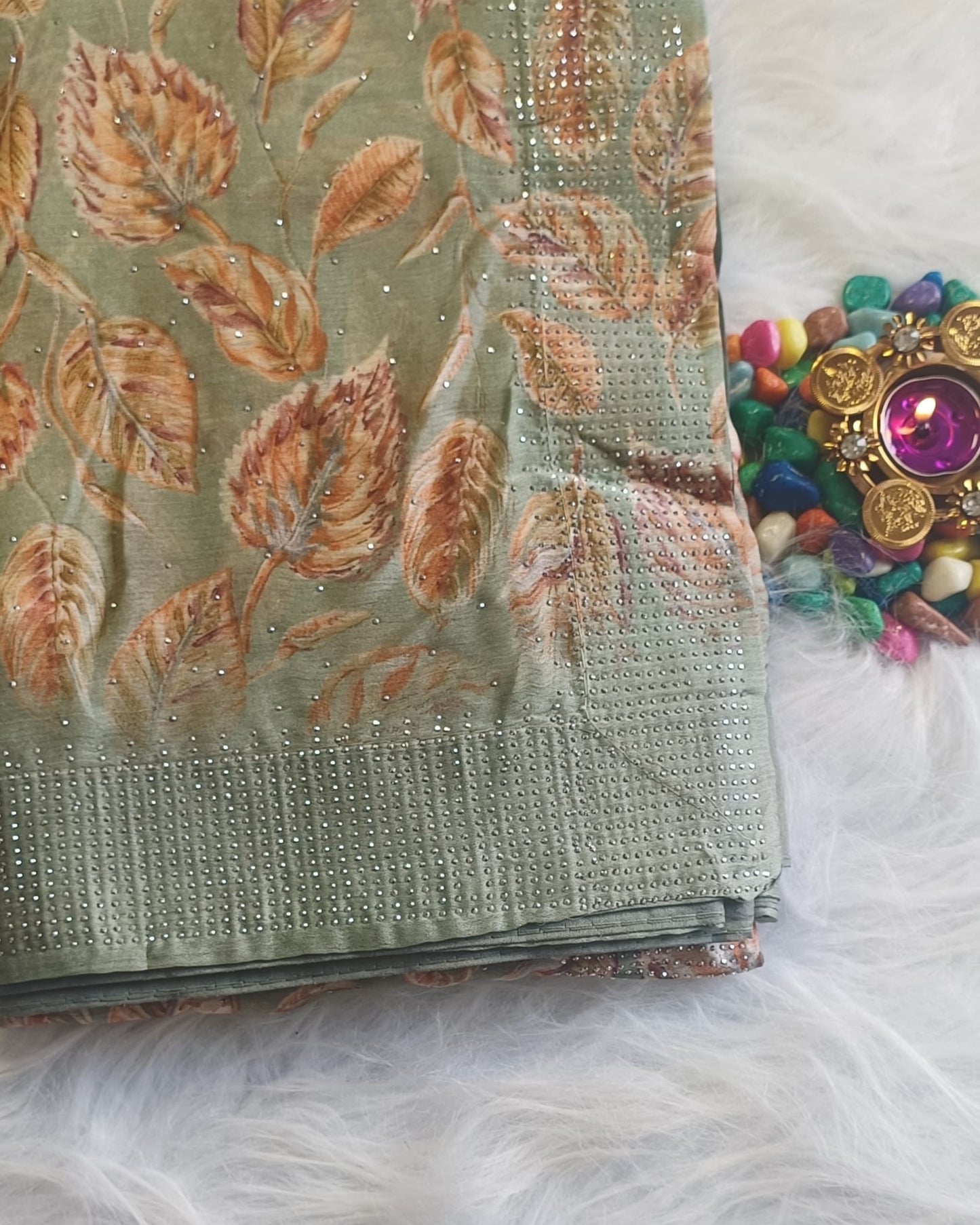 Sage Green Silk Saree with Autumn Leaf Weave & Crystal Accents